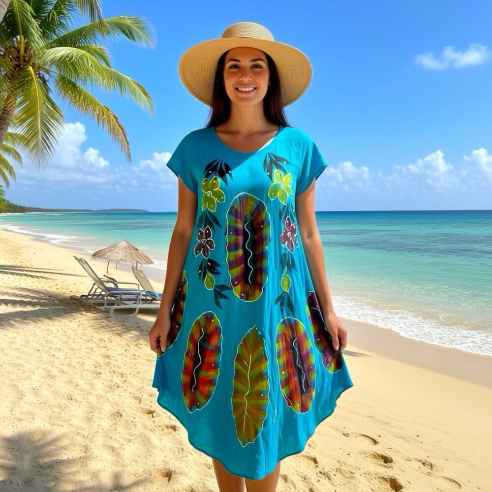 New Riviera Sun Blue TieDye Summer Mumu HouseDress Floral Hand Painted Design L